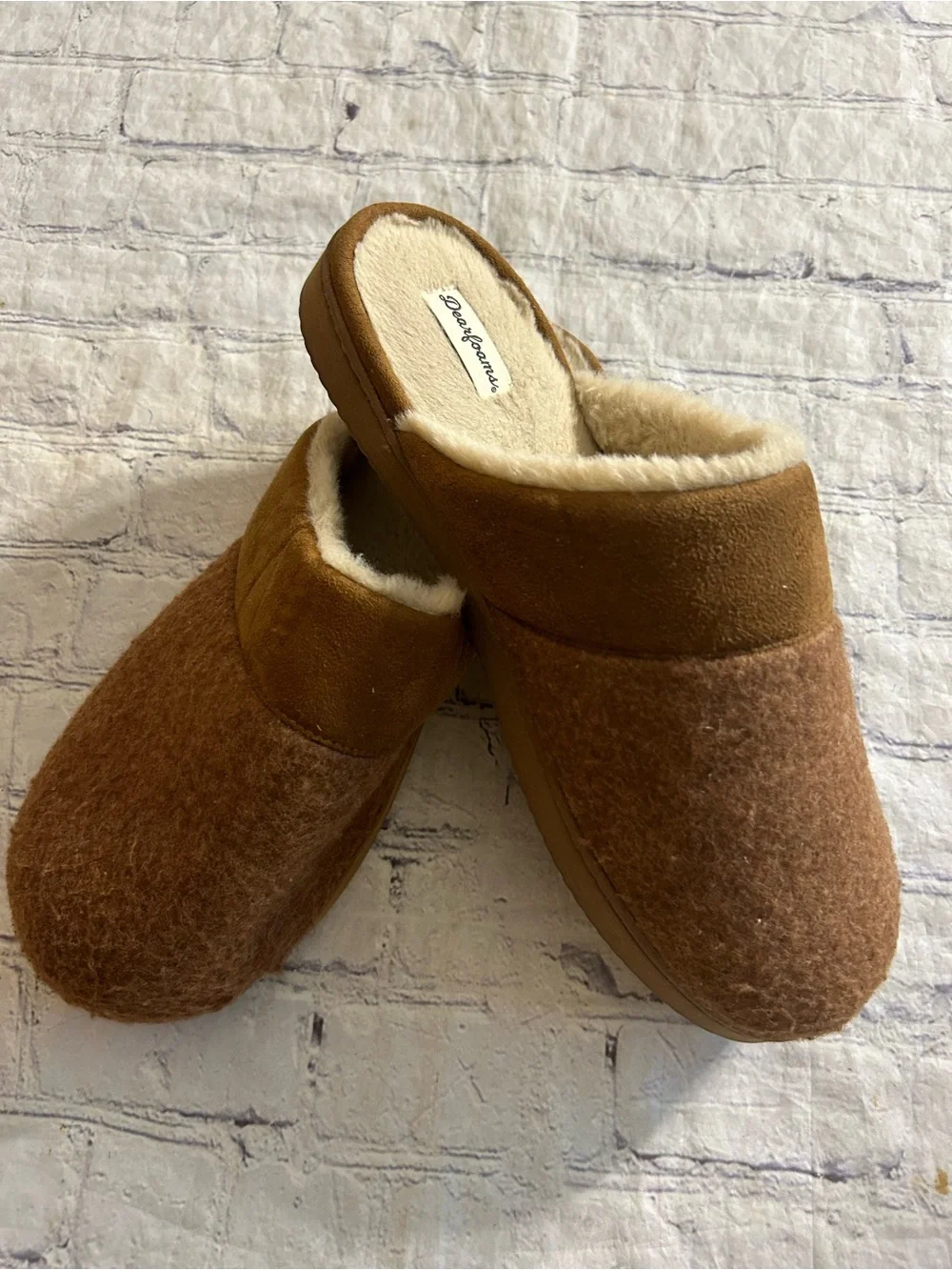 DEARFOAMS SCUFF SLIPPERS BROWN FUZZY TEXTURED FABRIC UPPER MENS (11-12)